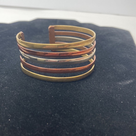 Mixed Metal Tone Stacked Look Cuff Bracelet Silver Gold Bronze - Picture 12 of 15